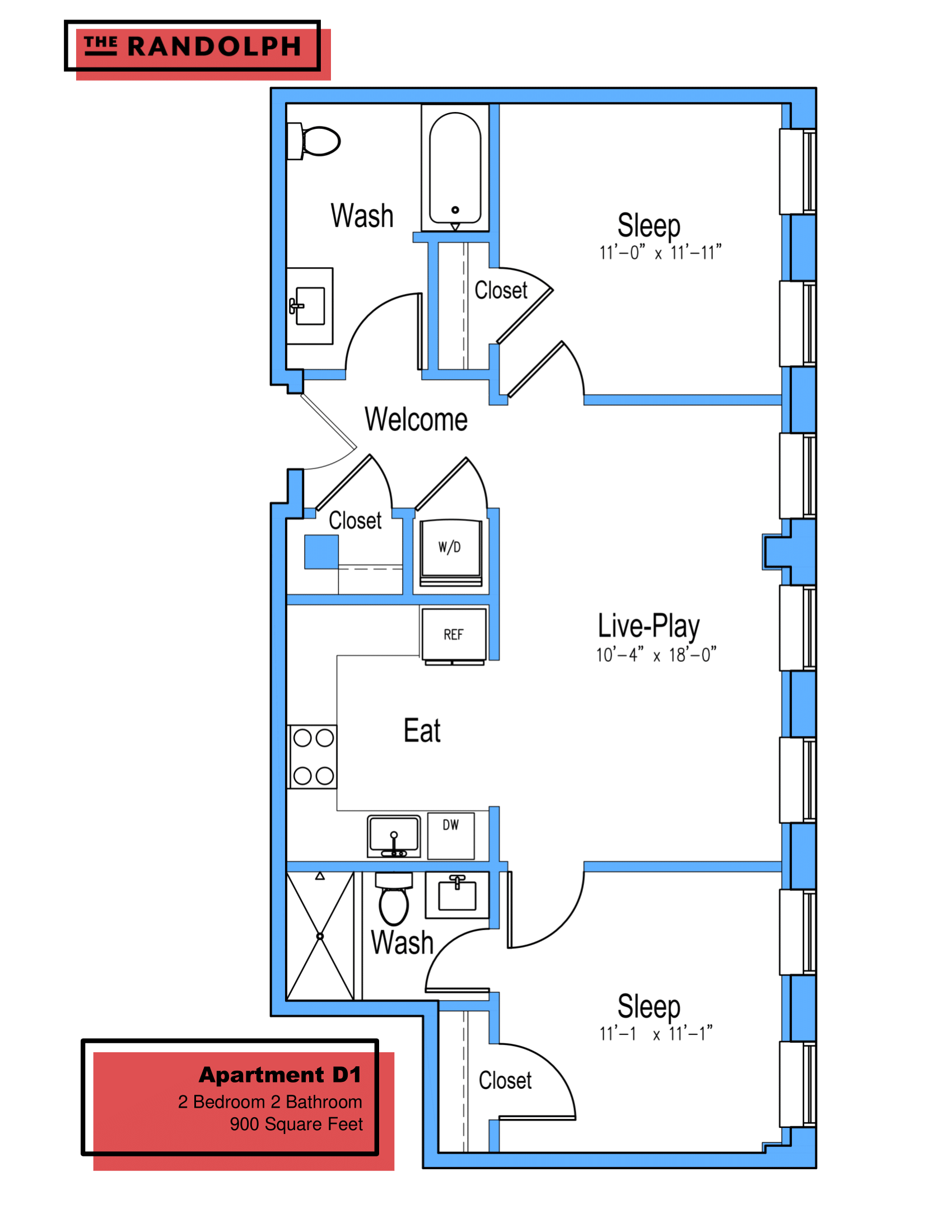 Floor plan for 2 beds, 2 baths, 900 sqft